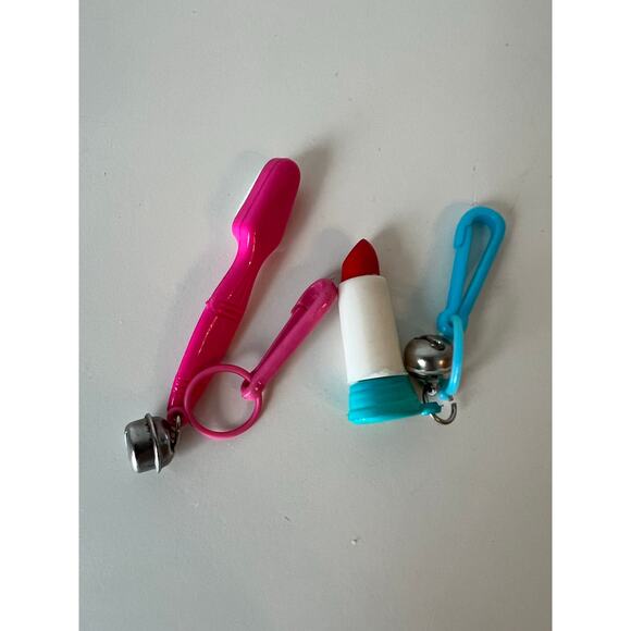 Toothbrush and Lipstick 1980s Bell Clip Charm Necklace Keychain Bell Lot - Picture 2 of 2